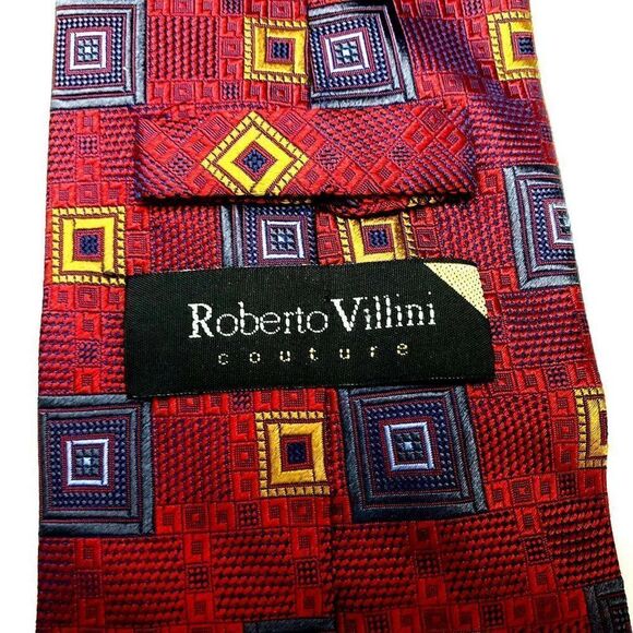 Roberto Villini Couture Silk Tie Red Woven Geometr - Picture 3 of 6